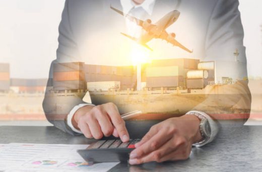 Double exposure of businessman working with calculator, Container Cargo ship, Cargo plane and airplane take off at sunset as business, Calculation, industrial, transportation and import export concept